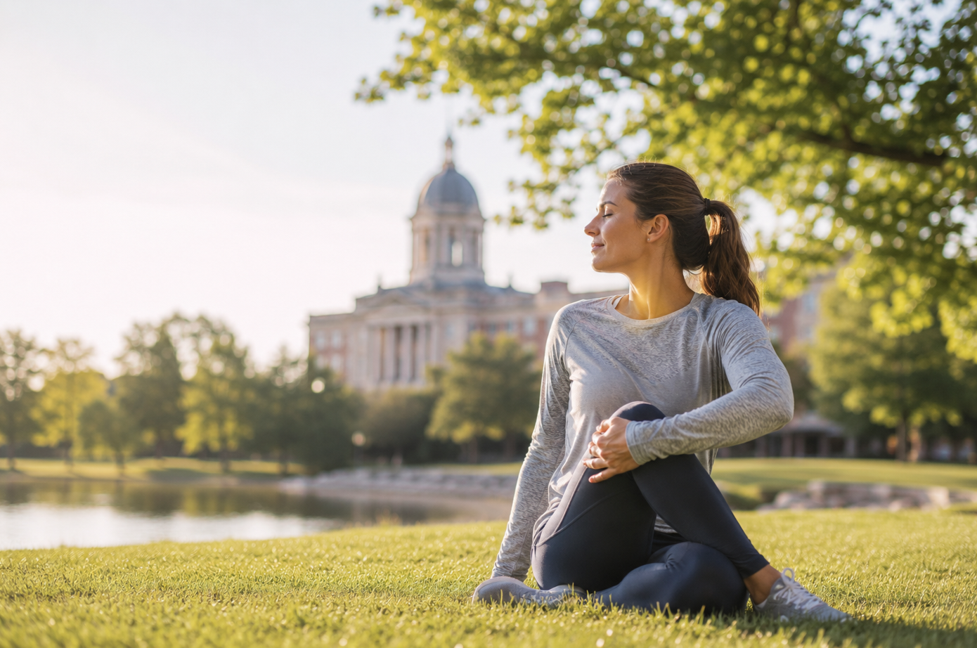 A woman practicing healthy lifestyle adjustments and stretching exercises to reduce sciatica pain in Bowling Green KY, supporting chiropractic care, improved mobility, lower back health, and long-term pain management.